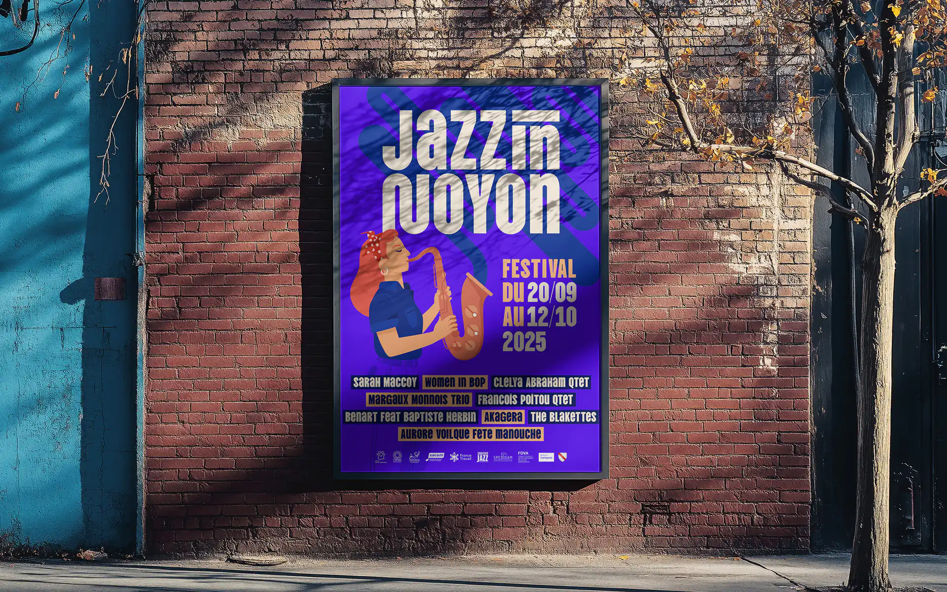 Mockup d'affiche du festival Jazz in Noyon, composition typographique bold sur fond violet