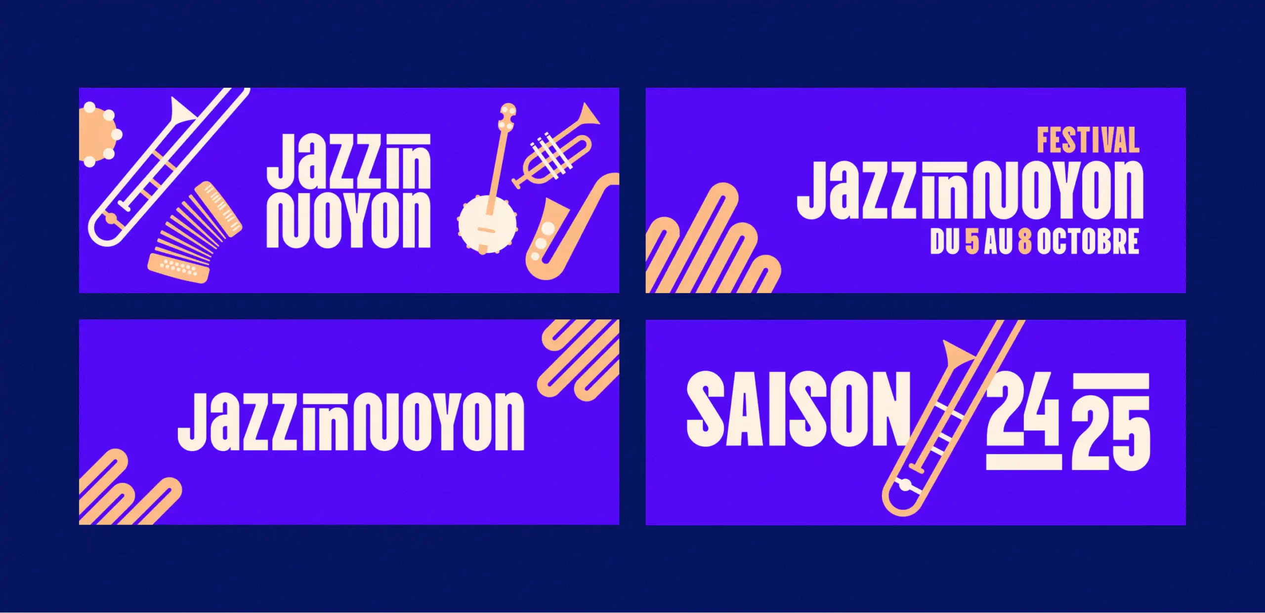Déclinaison de bannières pour le festival Jazz in Noyon, système graphique violet et orange