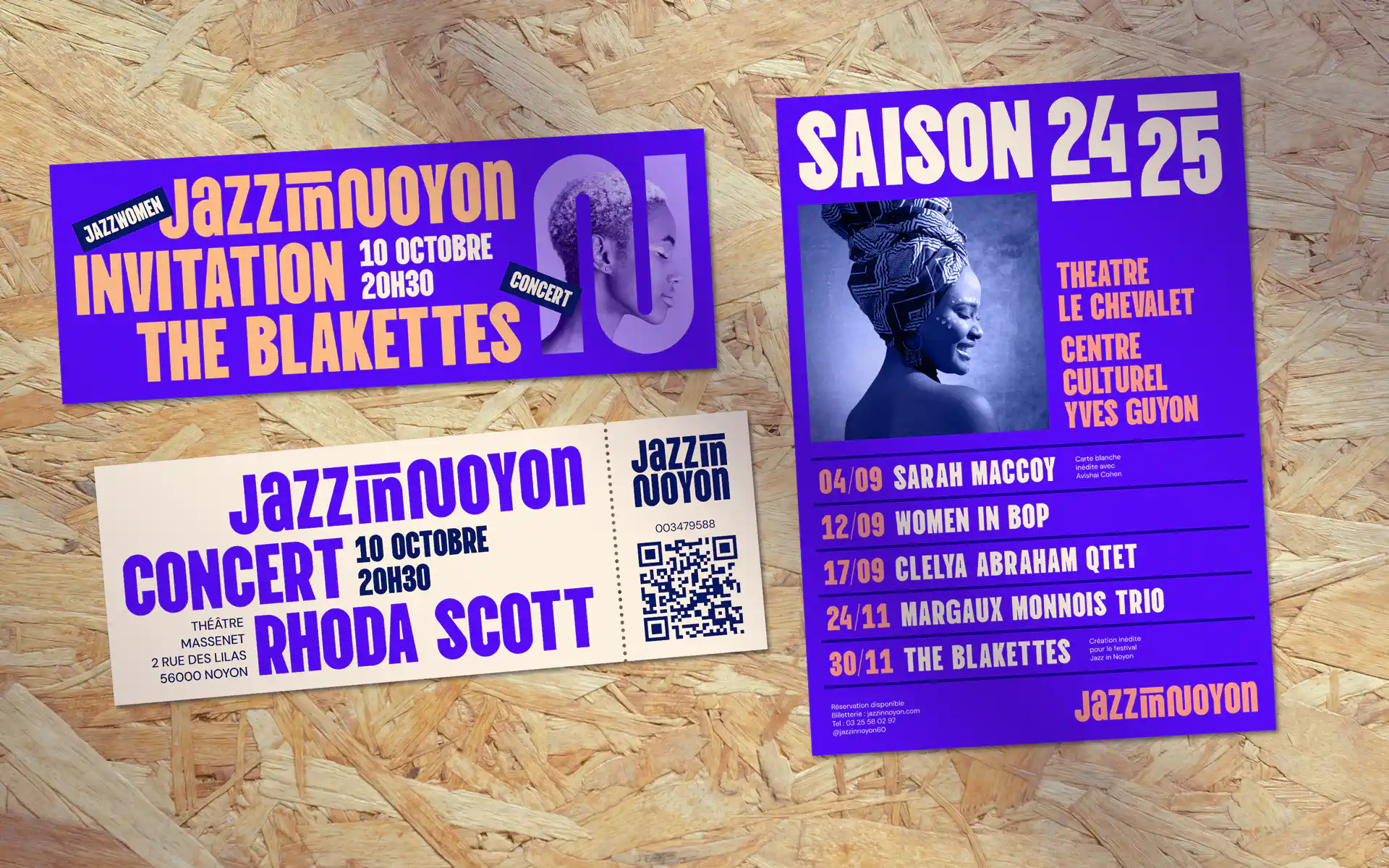 Flyers et cartons d'invitation pour les concerts de Jazz in Noyon, déclinaison print de l'identité visuelle
