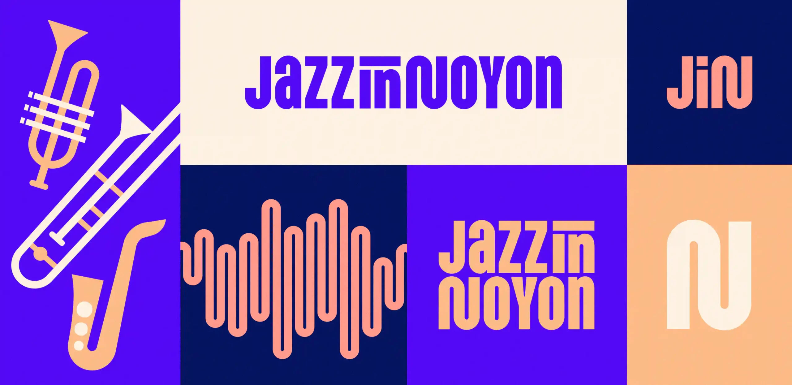 Composition des éléments graphiques de l'identité visuelle Jazz in Noyon, variations de logos, icônes et typographies
