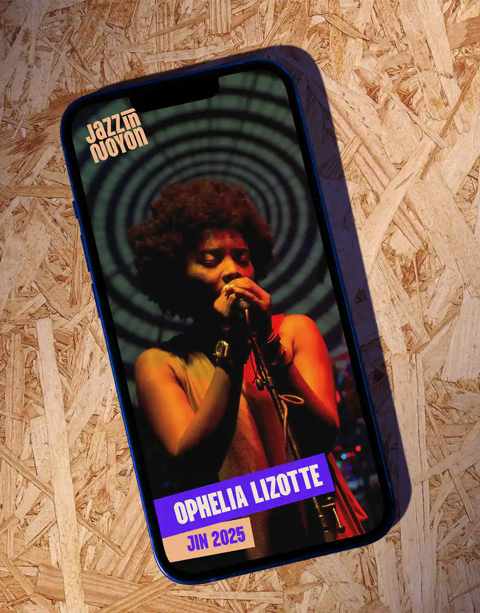 Mockup d’une vidéo mobile Jazz in Noyon sur smartphone, direction artistique violet et orange