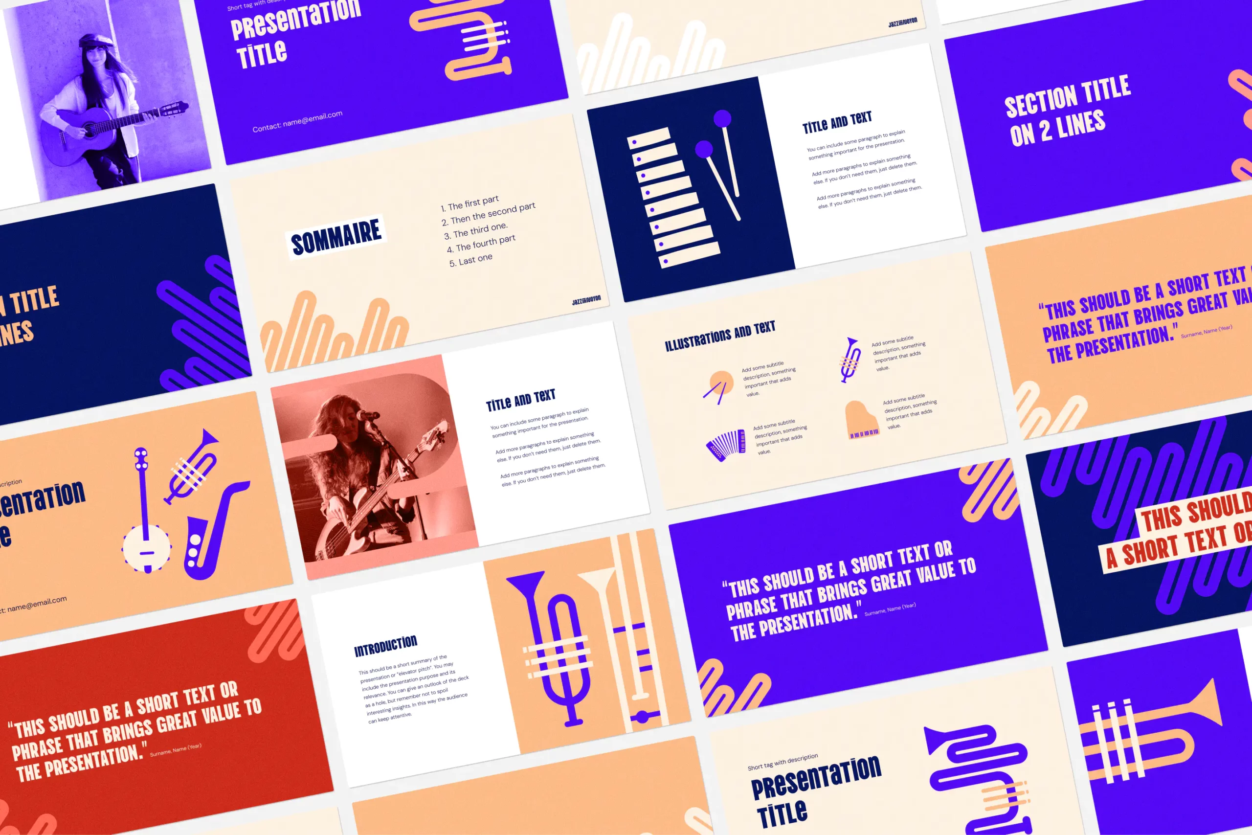 Déclinaison sous forme de slides de présentation de l'identité visuelle Jazz in Noyon