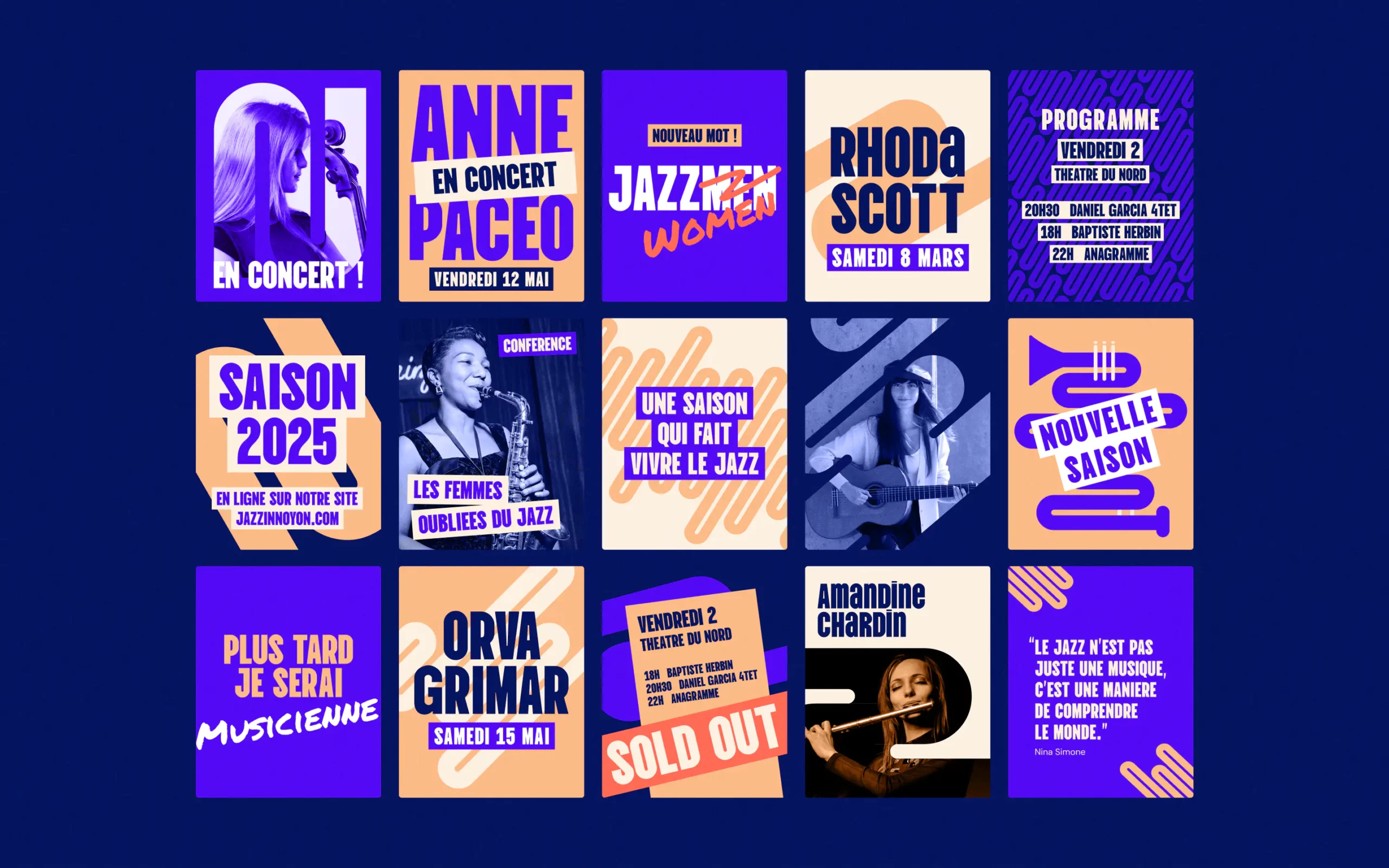 Déclinaison de l'identité visuelle Jazz in Noyon sur les réseaux sociaux, ensemble de visuels pour posts Instagram