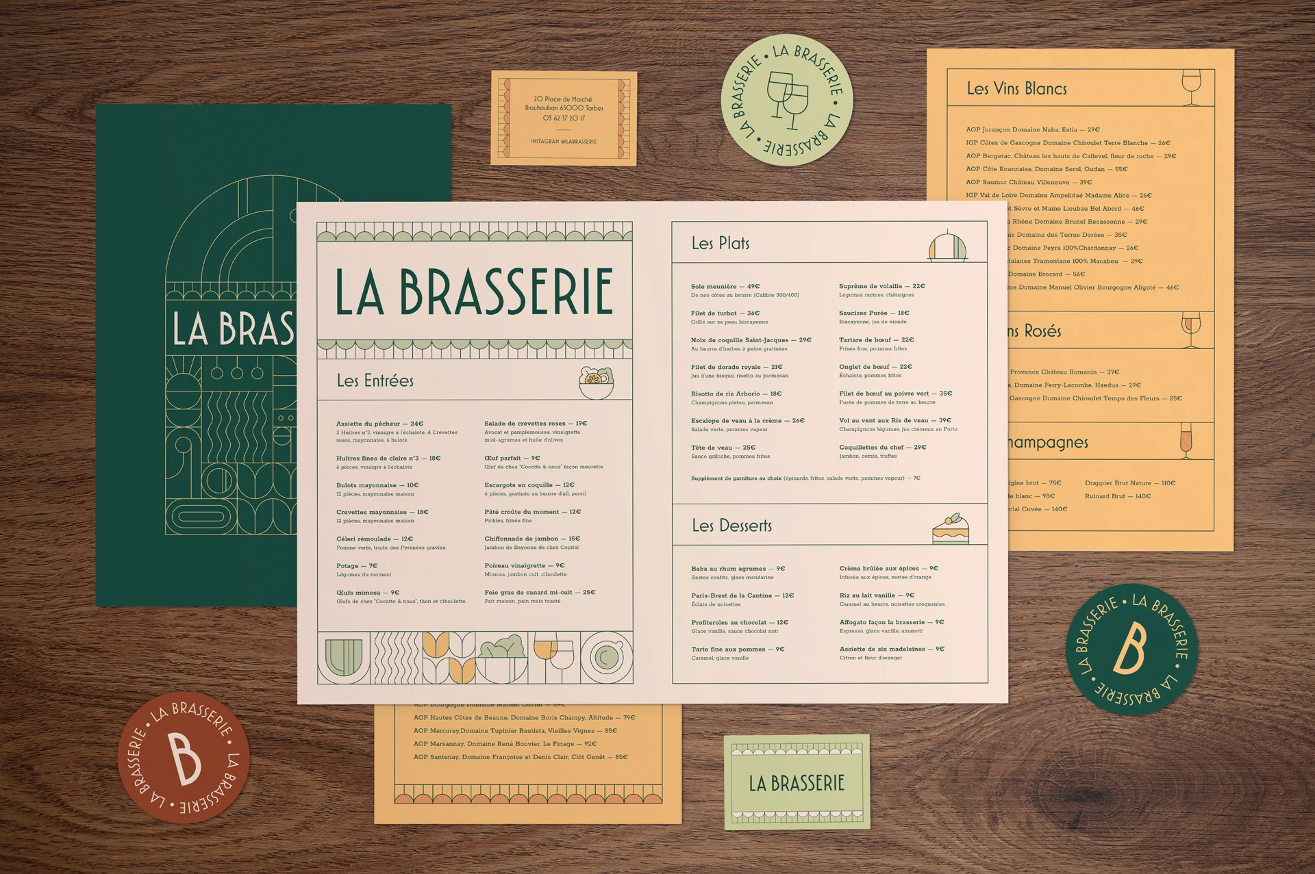 Menus, papeterie et supports imprimés conçus pour l’identité de La Brasserie.