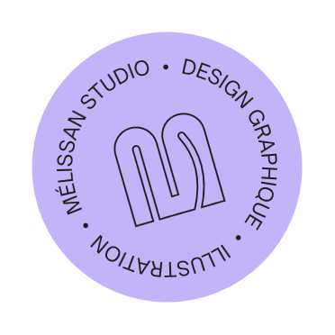 Badge Mélissan studio, design graphique & illustration sur fond violet