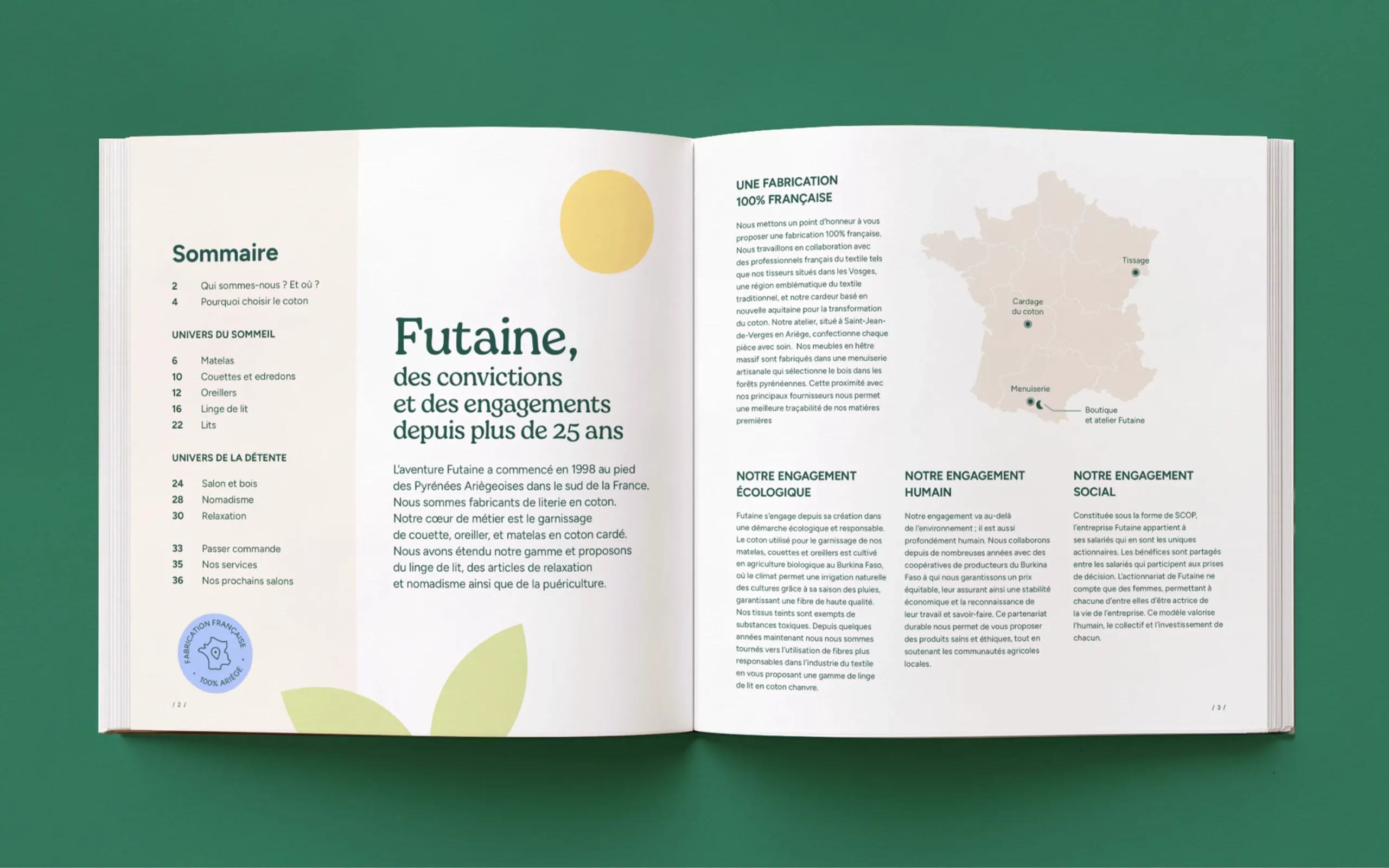 Double page d'introduction du catalogue Futaine présentant les engagements, le savoir-faire et la fabrication française de la coopérative.