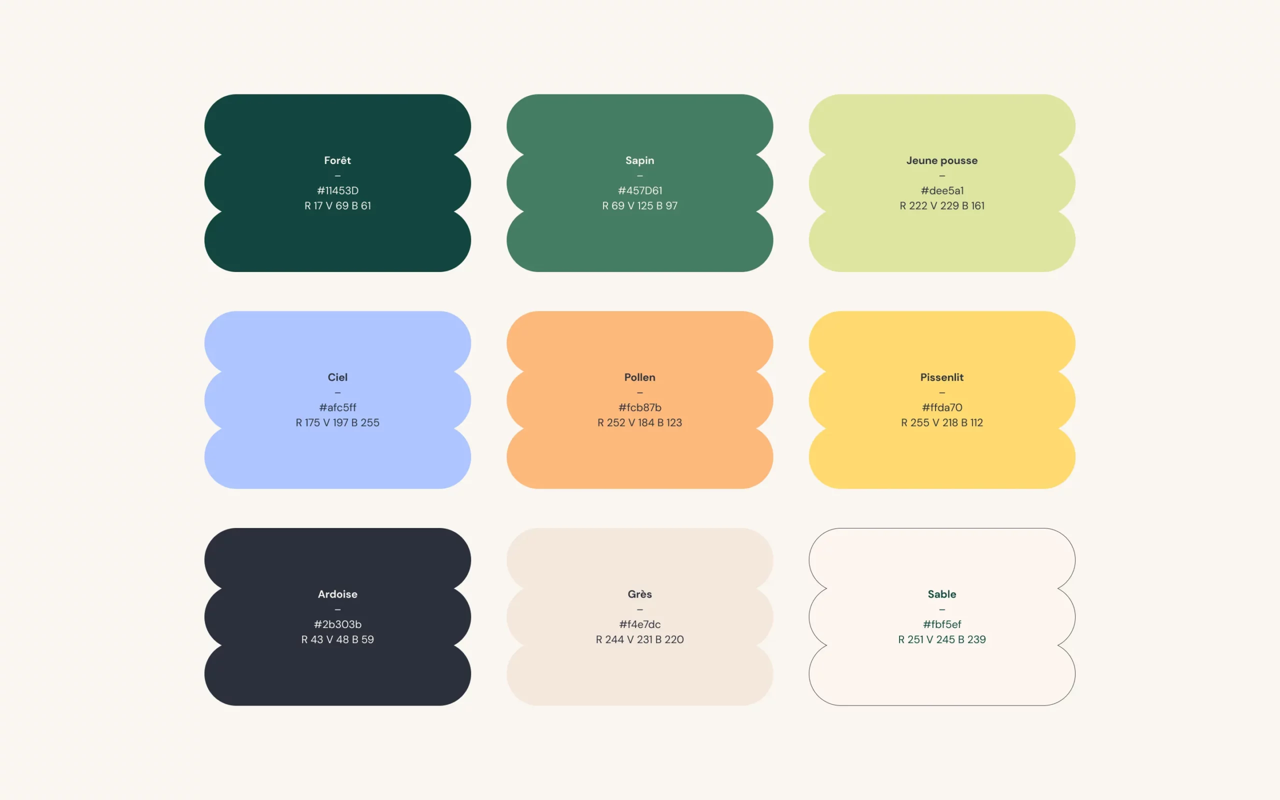 Palette de couleurs de l'identité visuelle Futaine inspirée de la nature.