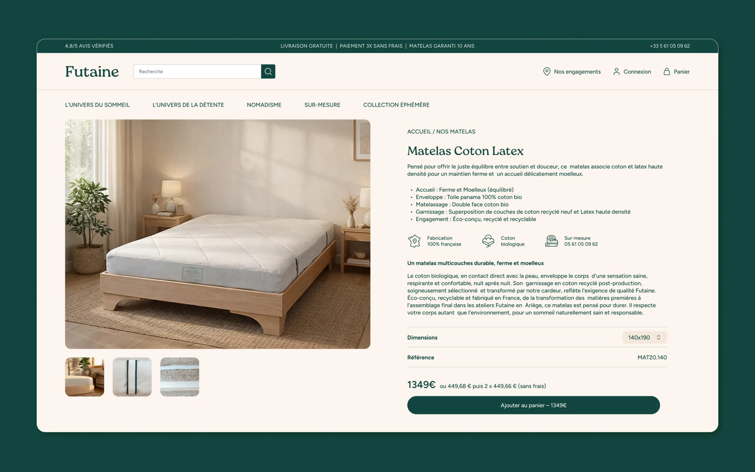 Page produit du site web Futaine présentant un matelas artisanal en coton bio dans une interface e-commerce.
