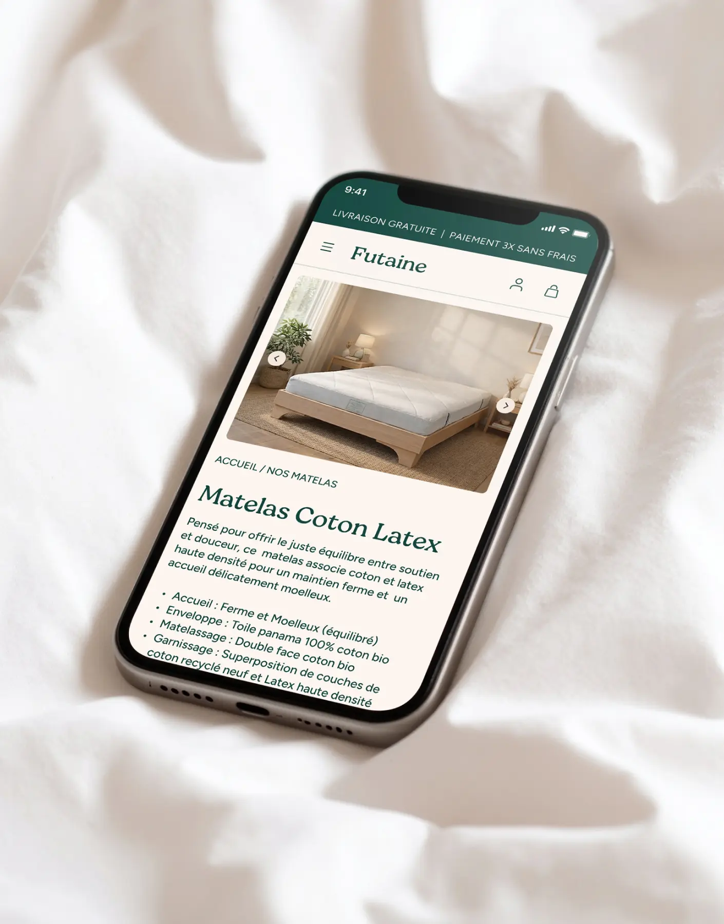 Version mobile du site web Futaine affichée sur smartphone pour présenter un matelas artisanal en coton bio.