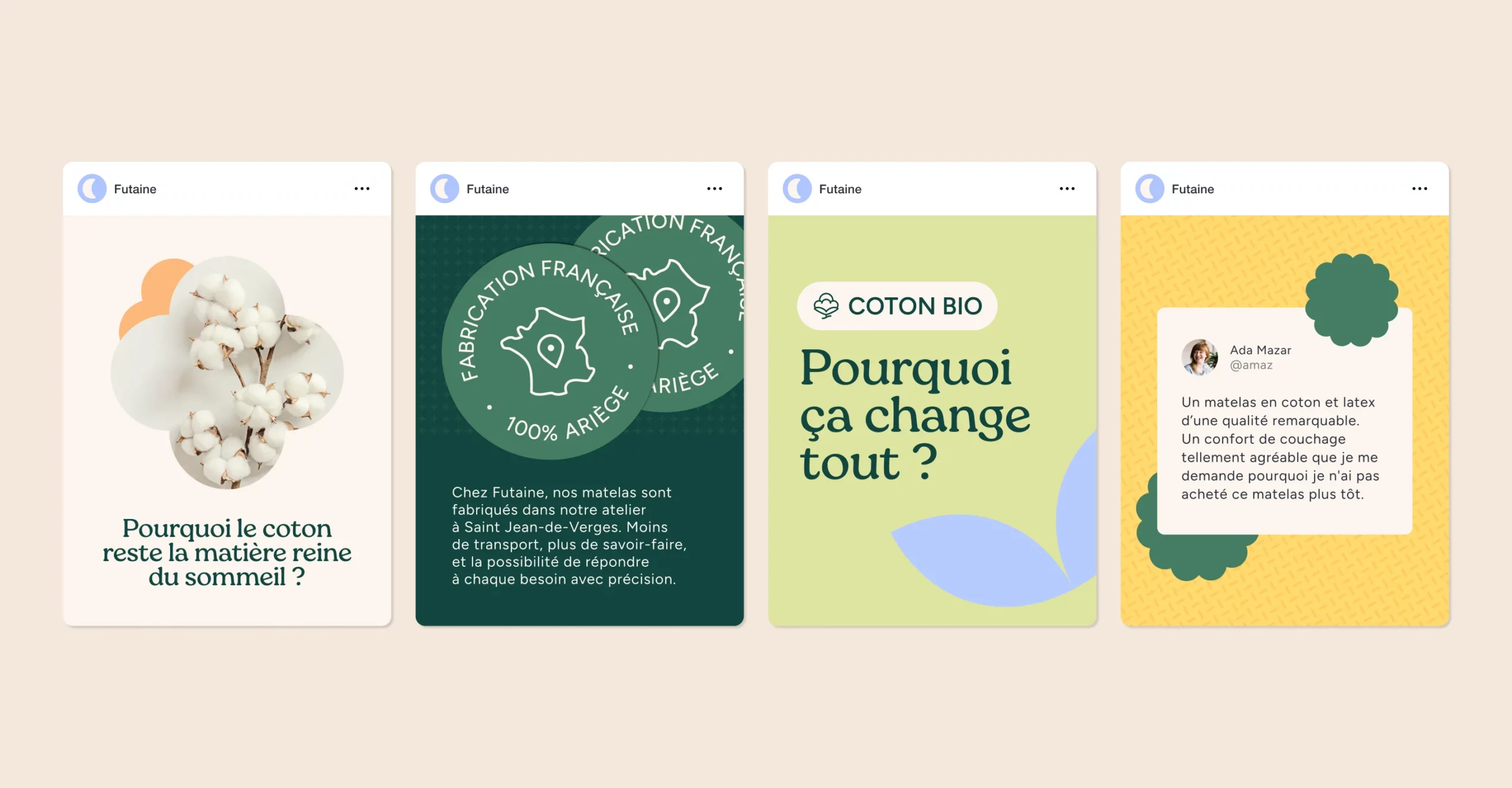 Déclinaisons de l'identité visuelle Futaine à travers une série de publications Instagram valorisant les engagements de la coopérative.