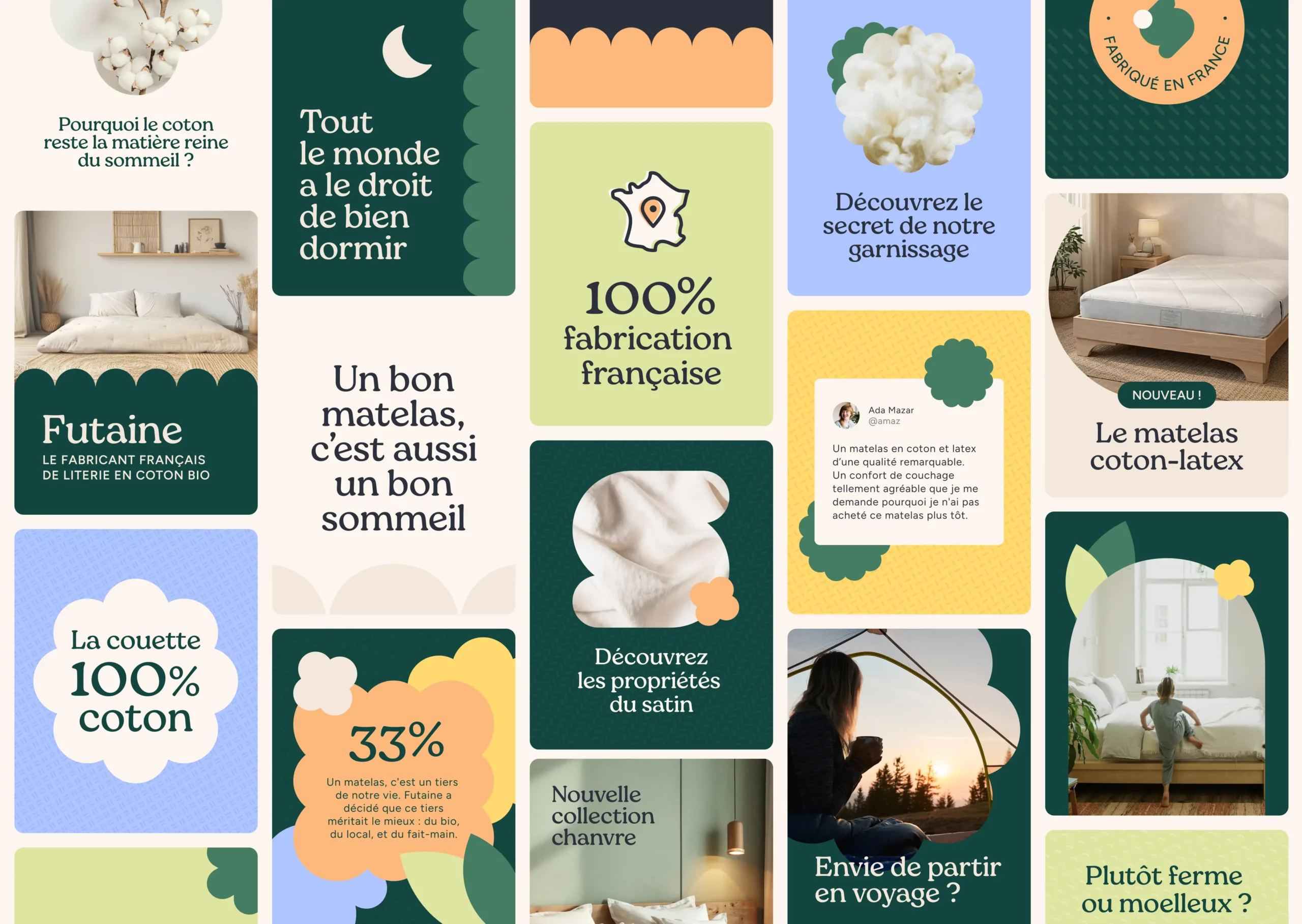 Exemples de publications pour les réseaux sociaux illustrant l'univers graphique chaleureux et engagé de Futaine.