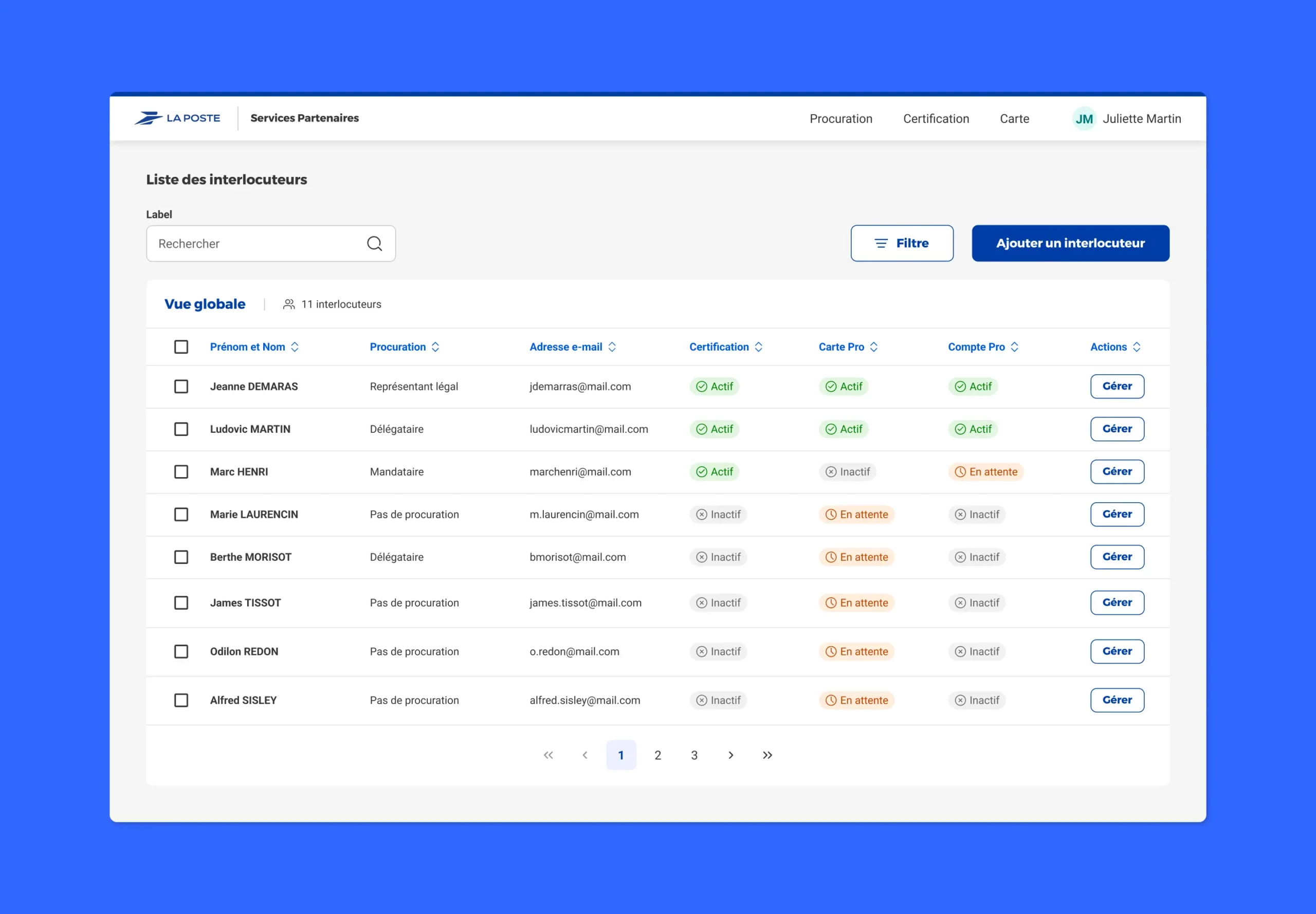Interface d’un outil pour les partenaires utilisant le composant tableau.