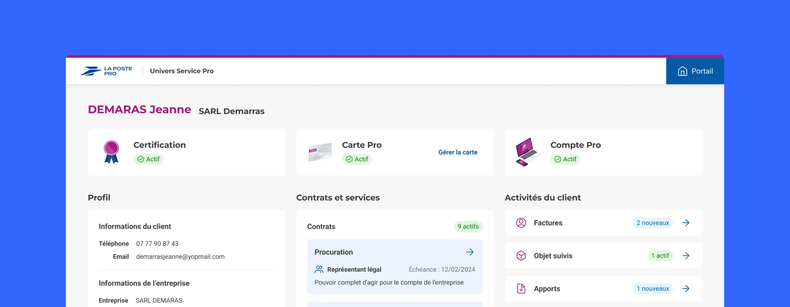 Dashboard de La Poste Pro utilisant des icônes et des illustrations du halo design system.