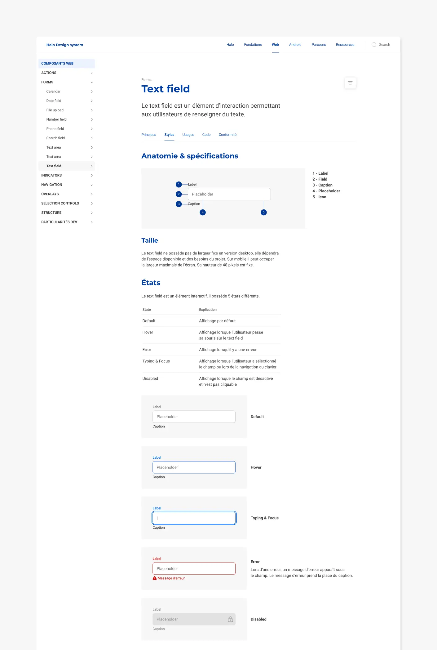 Documentation du composant Text Field du design system Halo.