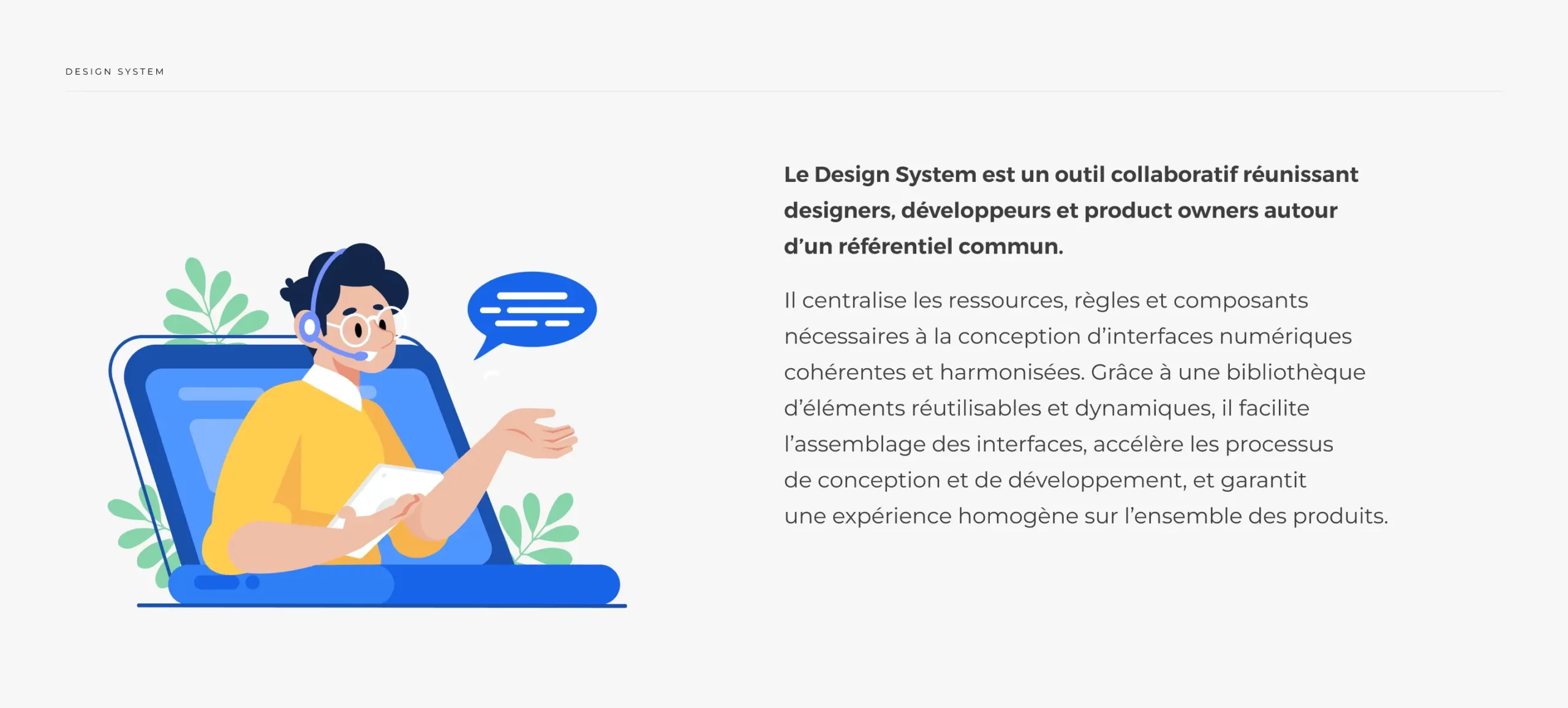 Illustration présentant le design system comme référentiel collaboratif pour la conception d'interfaces numériques cohérentes.