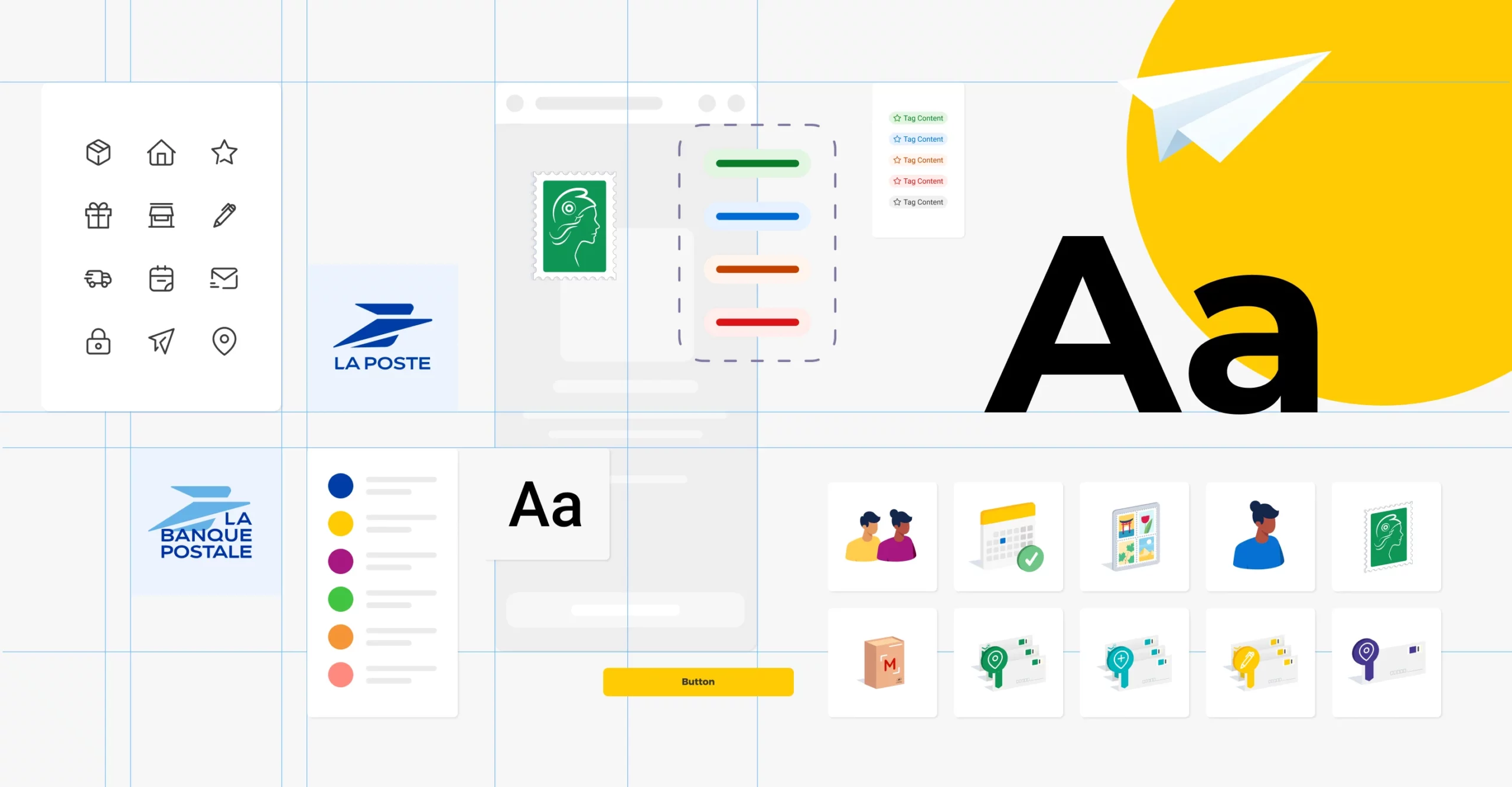 Vue d'ensemble du design system Halo de La Poste présentant les fondations graphiques, composants UI, typographie, illustrations et identité visuelle.
