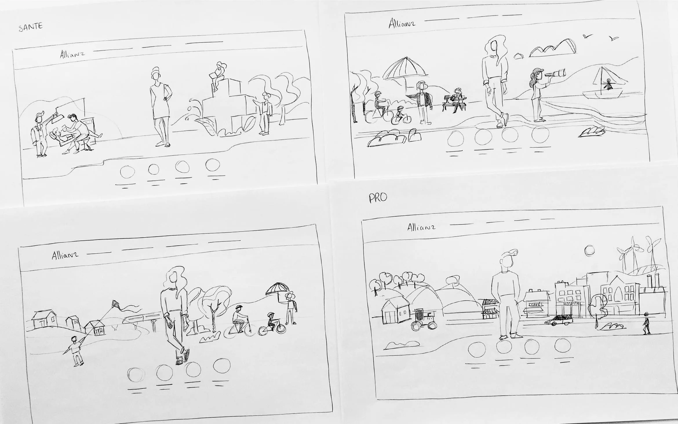 Croquis préparatoires des illustrations conçues pour la page d’accueil Allianz.