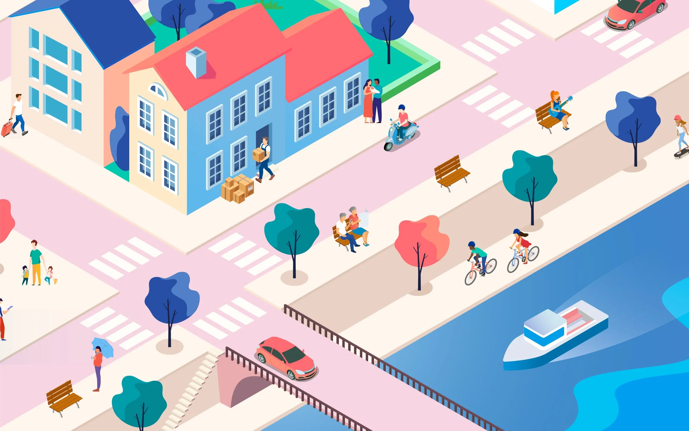 Illustration isométrique représentant les différents moments de vie couverts par les solutions d’assurance Allianz.