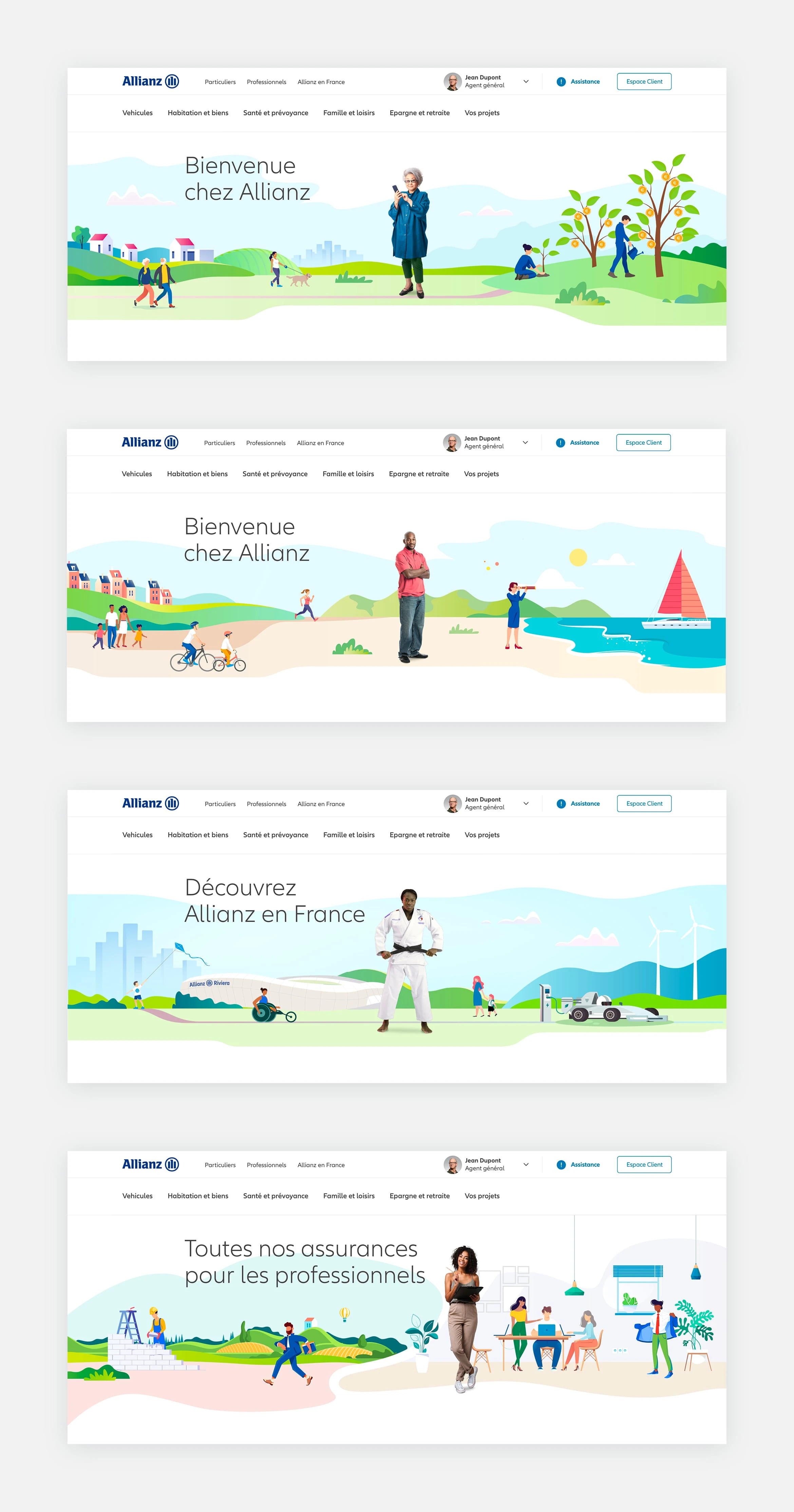 Série de bannière illustrée pour la page d’accueil associant photographie et illustration.