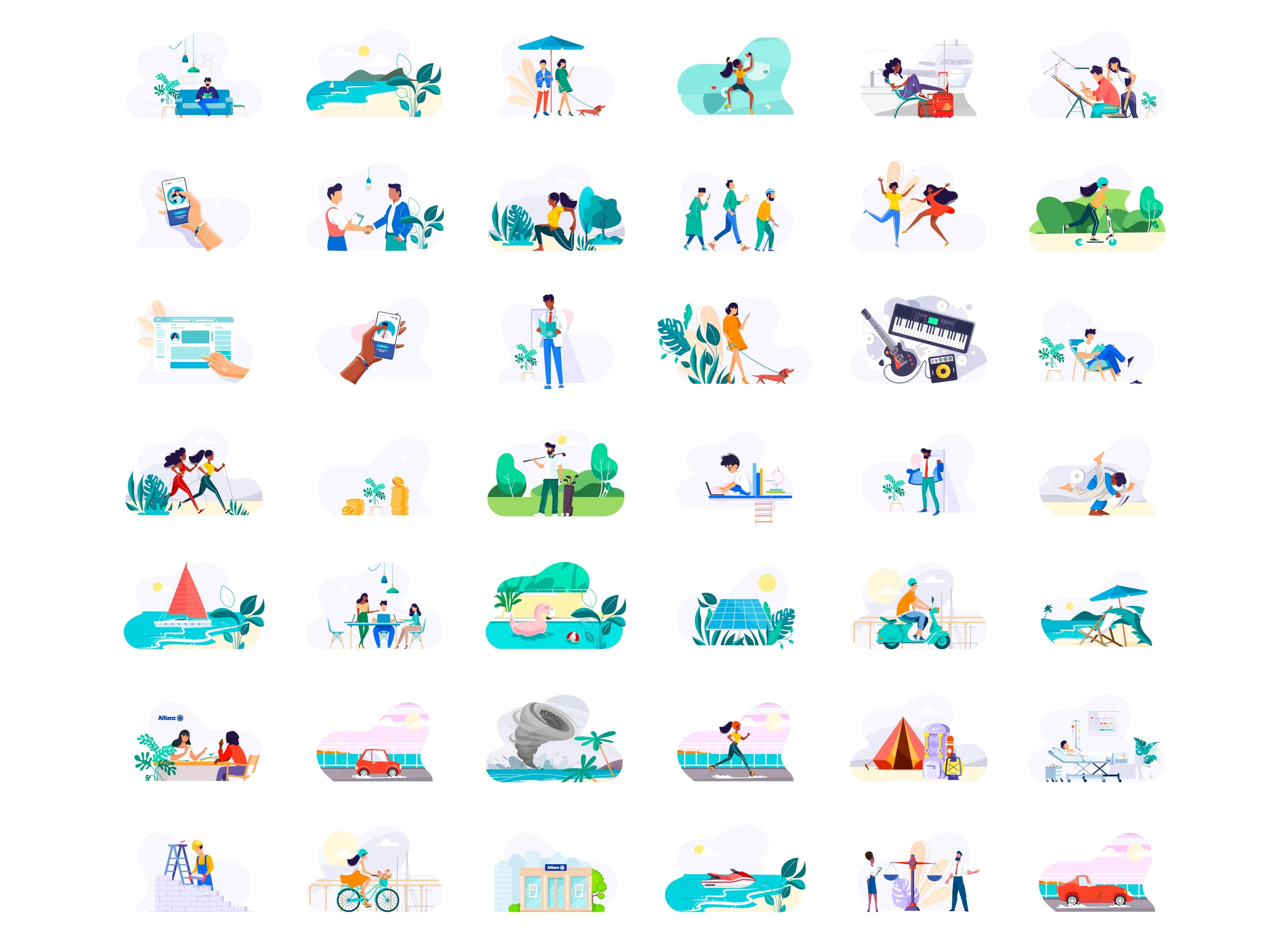 Bibliothèque d’illustrations représentant les produits et solutions d’assurance Allianz.