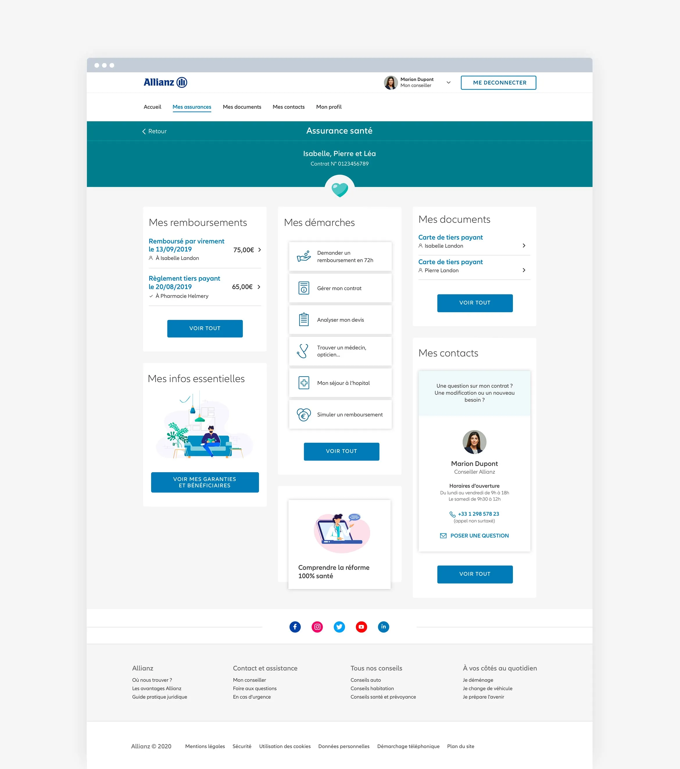 Interface de l’espace client Allianz présentant un parcours d’assurance.