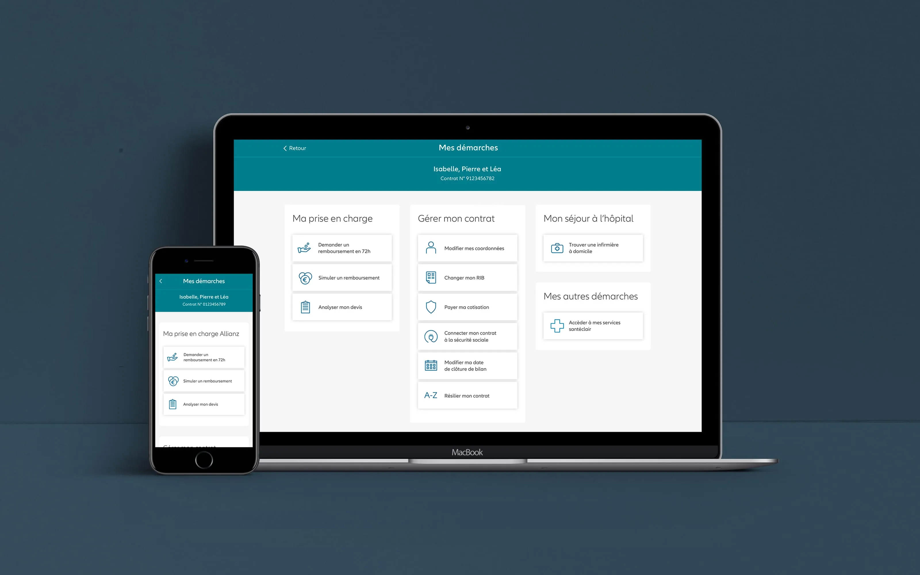 Interfaces desktop et mobile de l’espace client Allianz consacrés aux démarches.