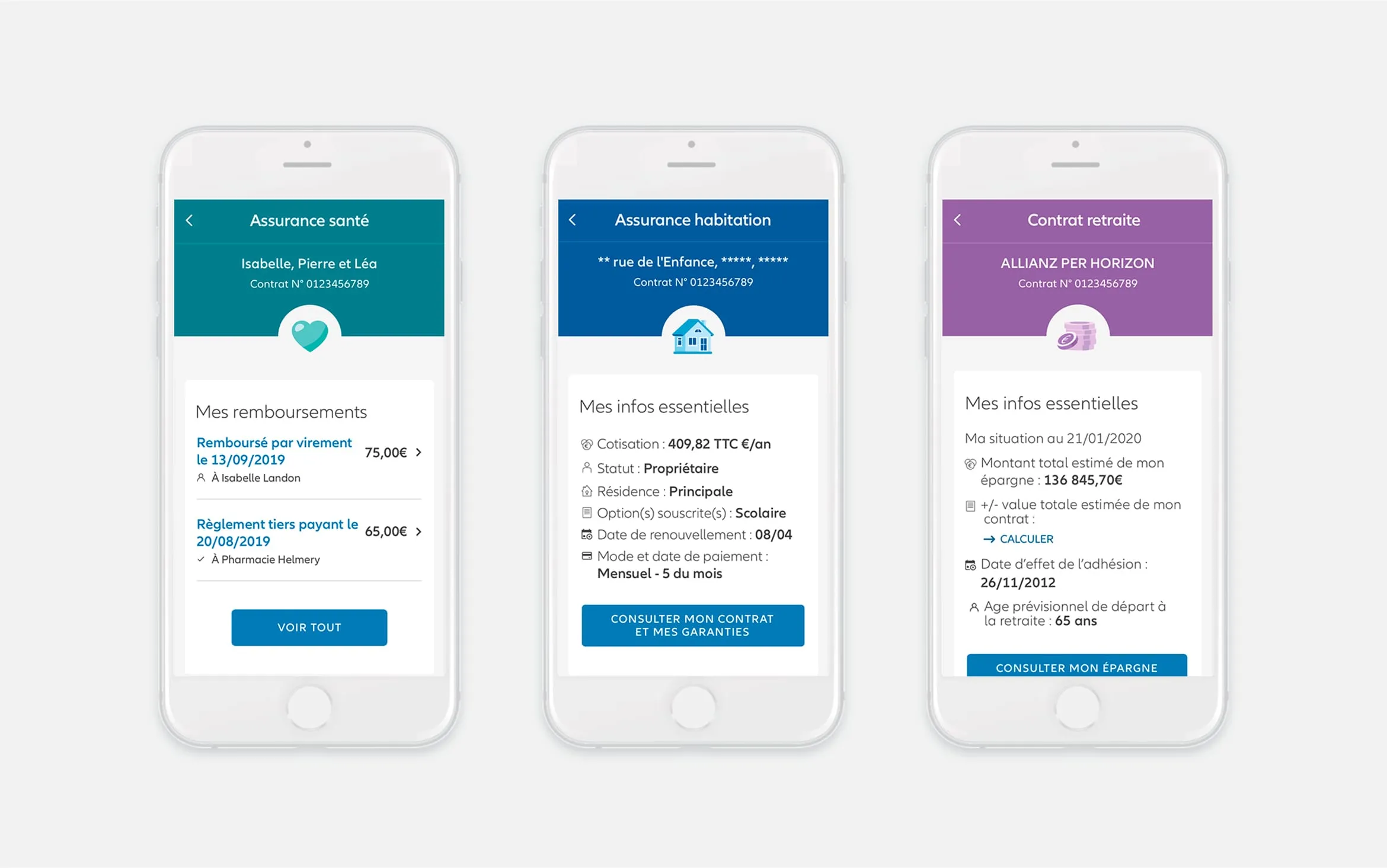 Interfaces mobiles de l’espace client Allianz présentant différents thèmes selon les assurances.