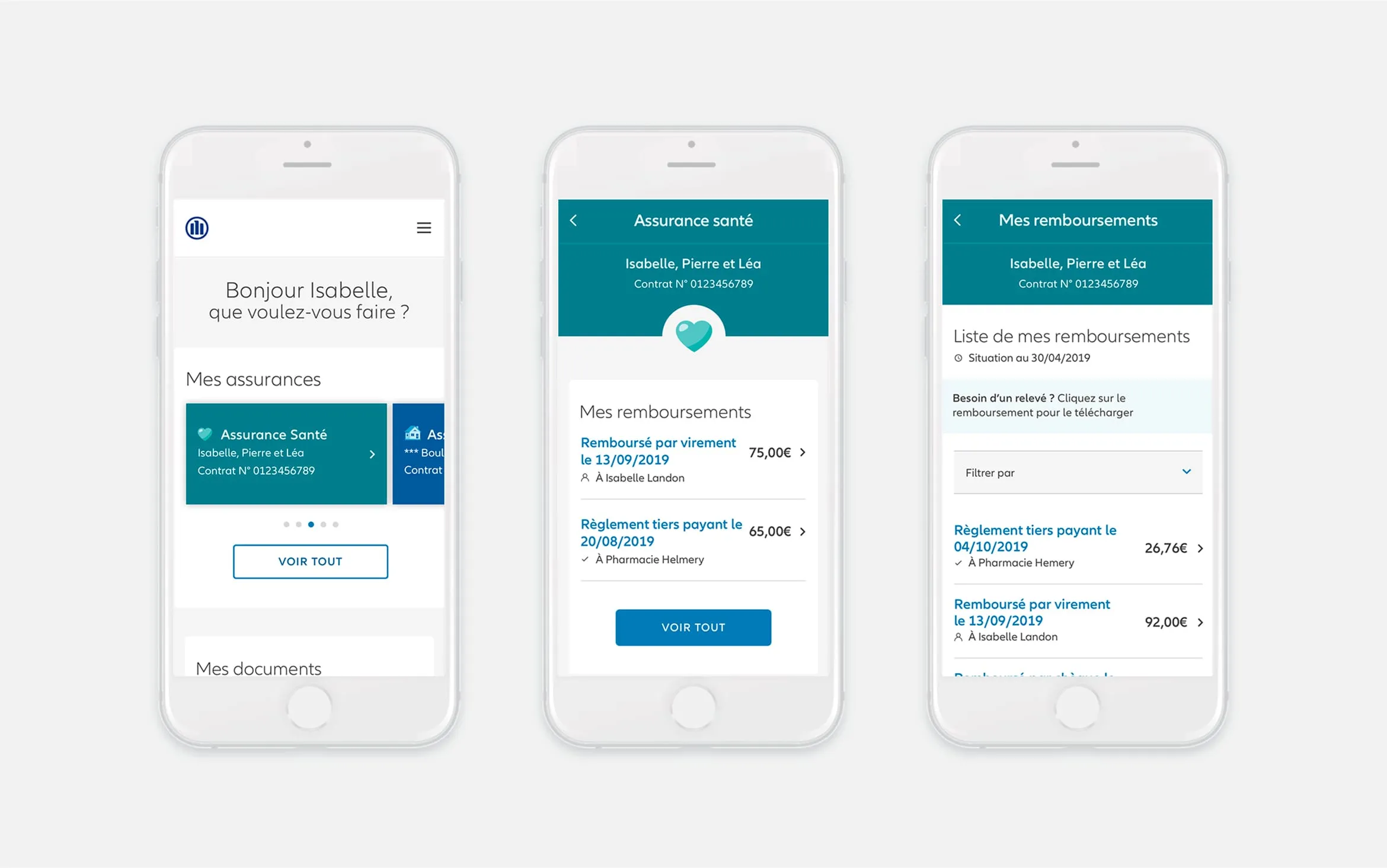 Interfaces mobiles de l’espace client Allianz présentant différents types de pages.