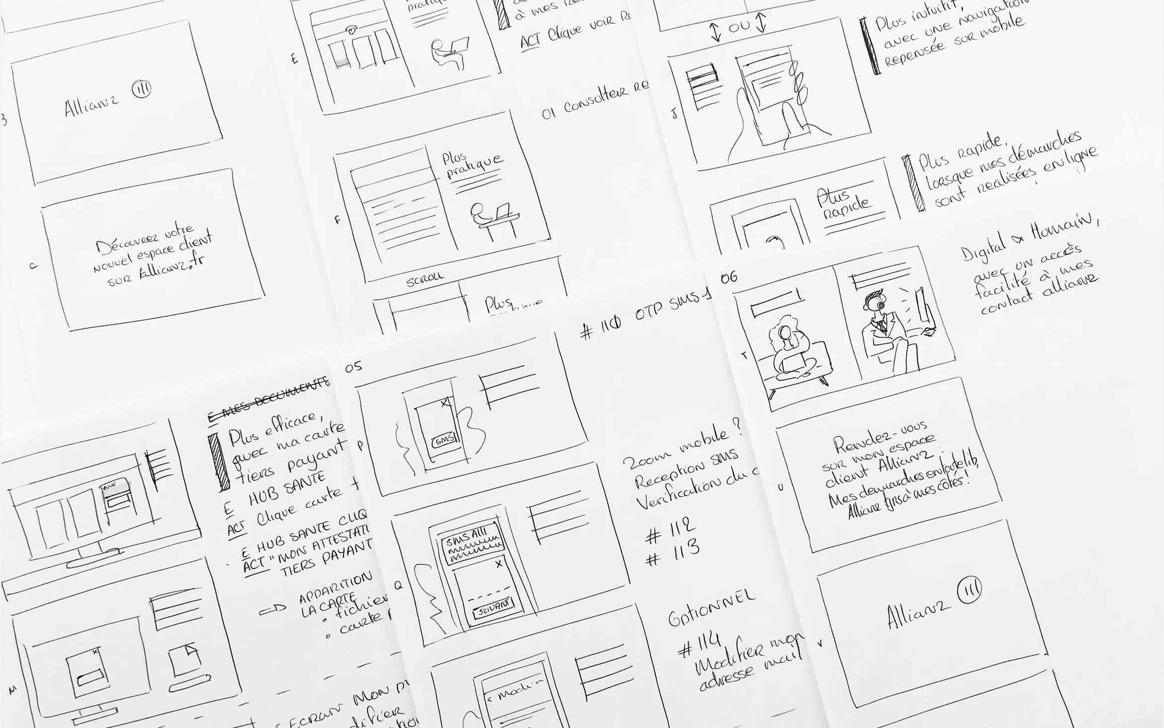 Croquis pour le storyboard de la vidéo présentant le nouvel espace client.