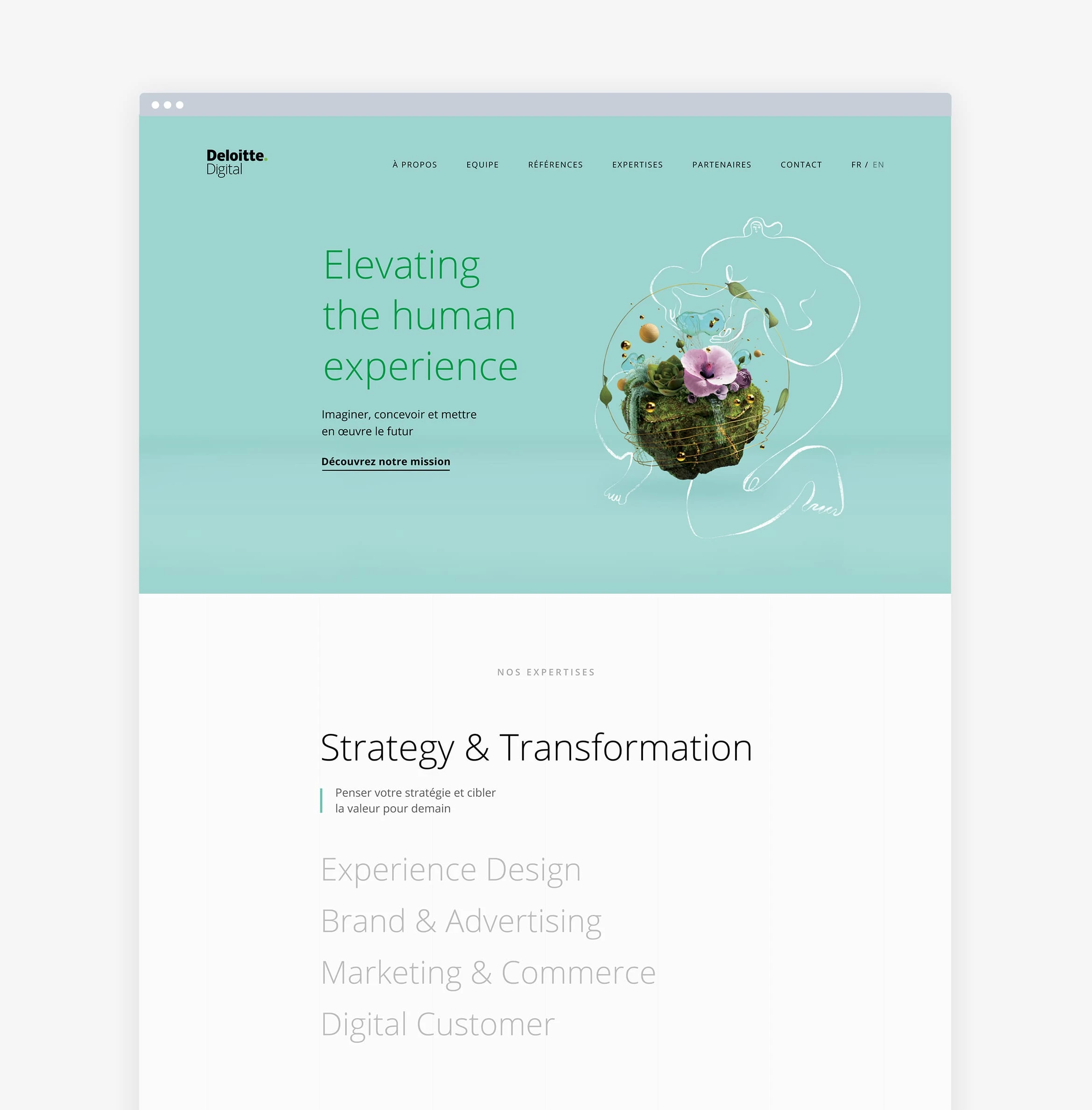 Page d’accueil du site web présentant l’expertise créative.