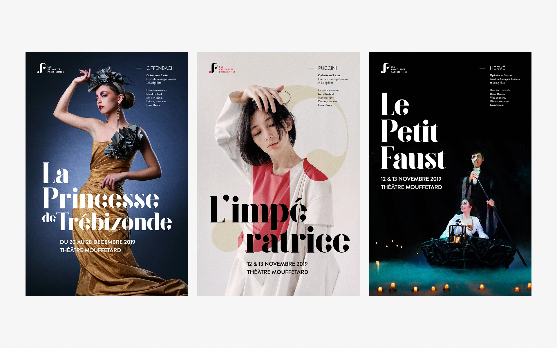 Série d’affiches de spectacles des Frivolités Parisiennes pour La Princesse de Trébizonde, L’Impératrice et Le Petit Faust.