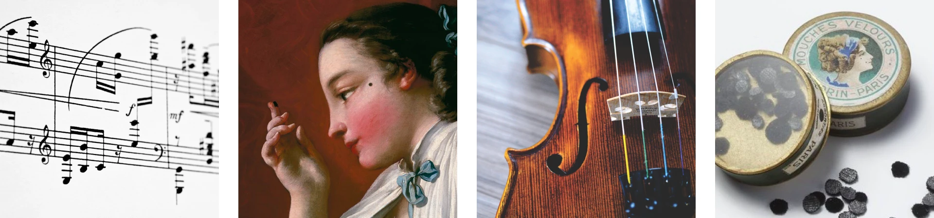 Planche d’inspiration de l’identité visuelle des Frivolités Parisiennes réunissant partition musicale, peinture, instrument à cordes et accessoires anciens.