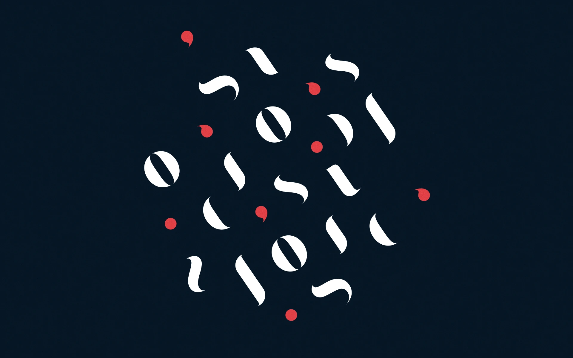Motif graphique des Frivolités Parisiennes composé de formes typographiques blanches et de points rouges sur fond bleu nuit.