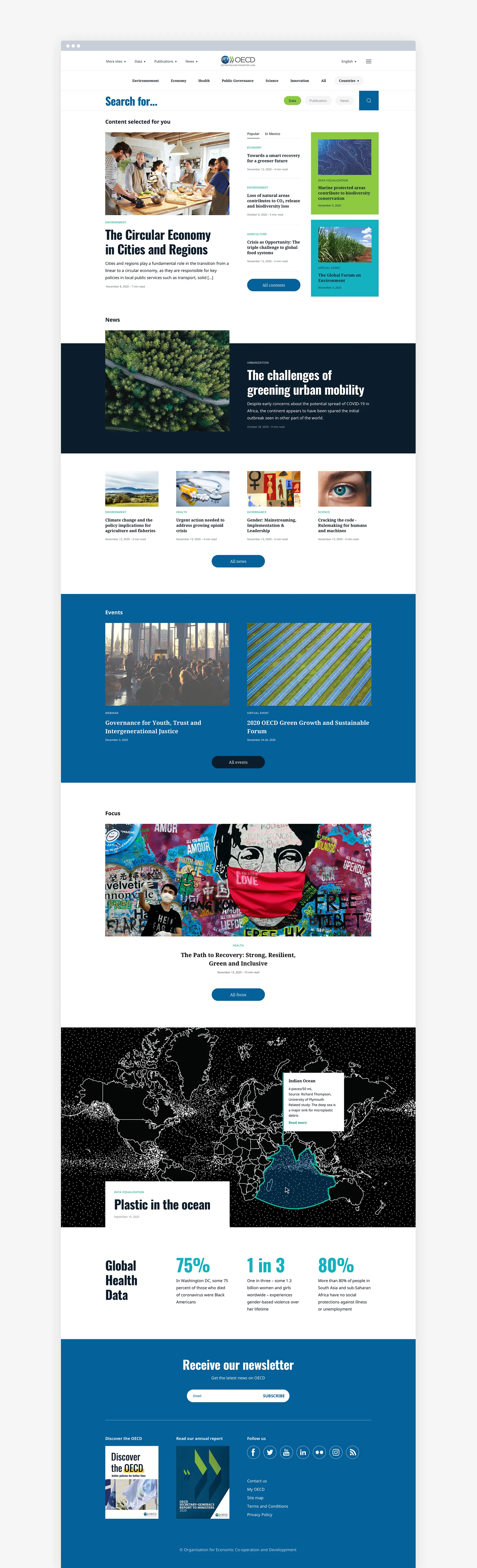 Maquette de la page d’accueil du site web de l’OCDE avec une interface structurée pour faciliter l’accès aux contenus.