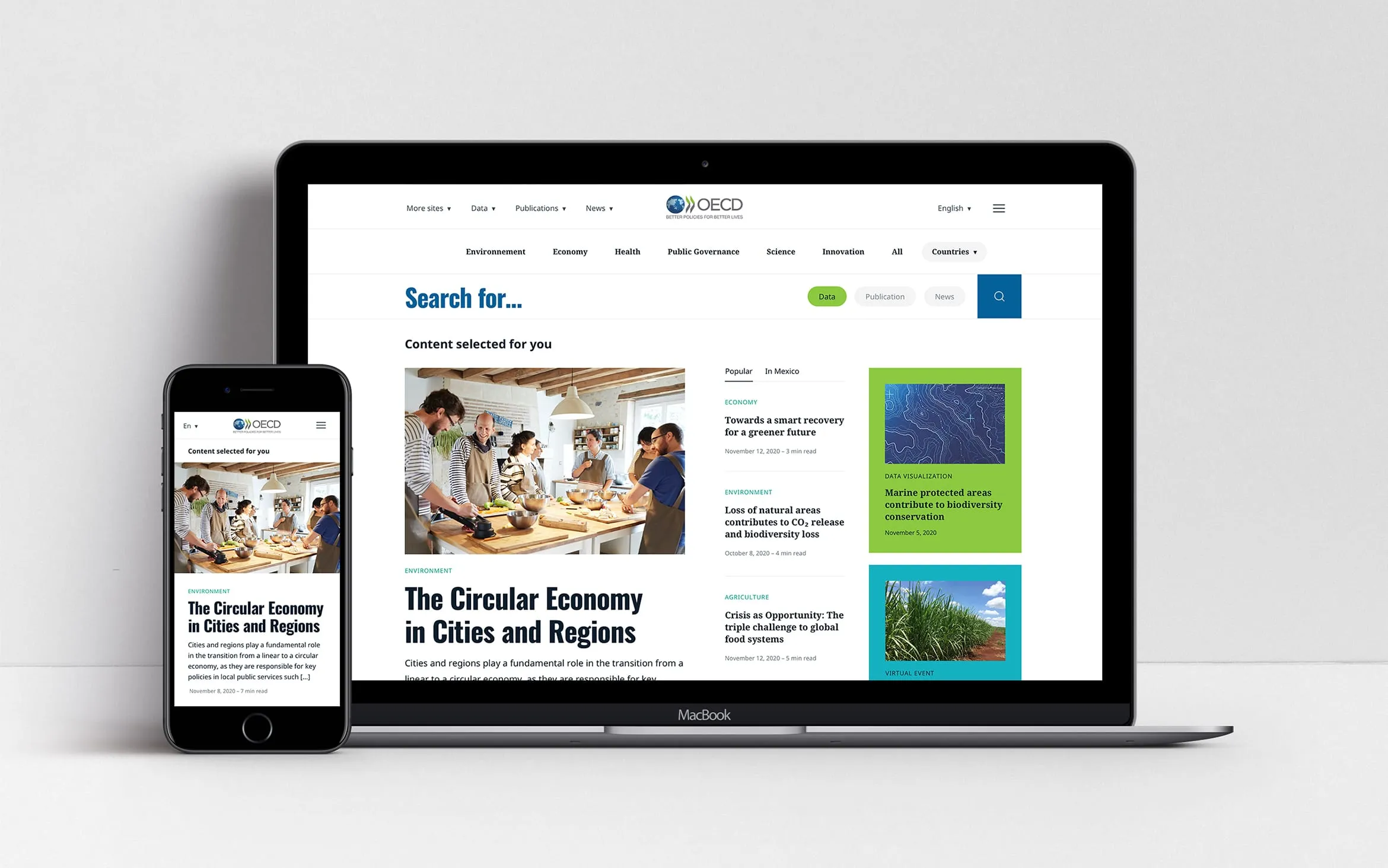 Interface desktop et mobile pour le site de l’OCDE.