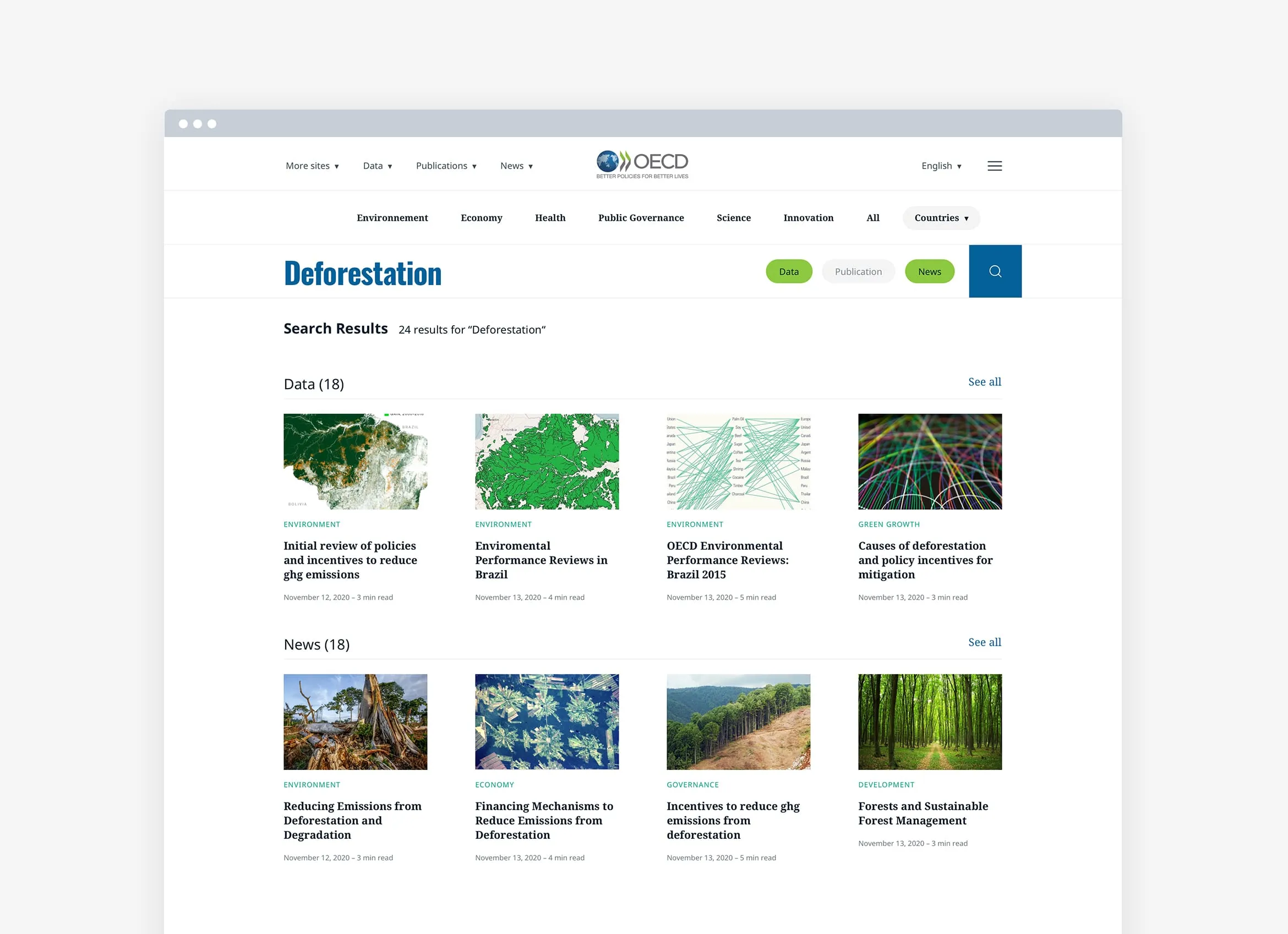 Interface de recherche du site web de l’OCDE permettant d’accéder aux contenus et données.